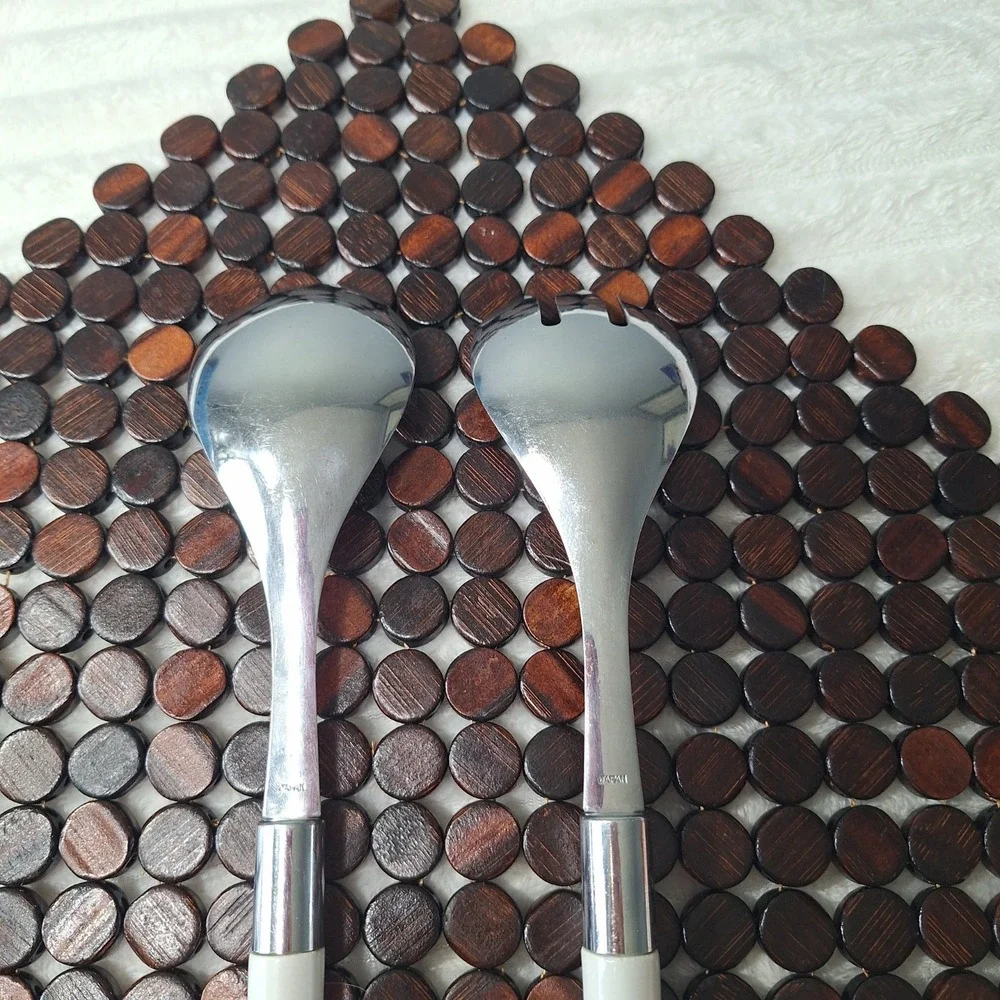 Vtg Frontier Forge 2Pc Stainless Steel Bamboo Style Serving Spoon Sald Fork Japa